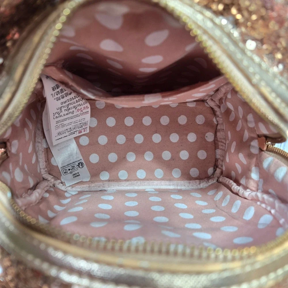 Loungefly Disney Parks Rose Gold Sequin Minnie Mouse Backpack Bow Ears Purse‎
